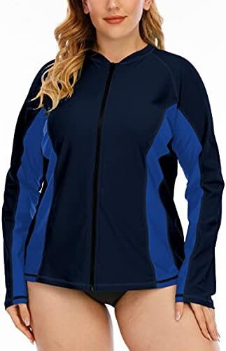 Halcurt Womens Plus Size Long Sleeve Rash Guard Top Full Zipper Swimsuit Swim Shirt