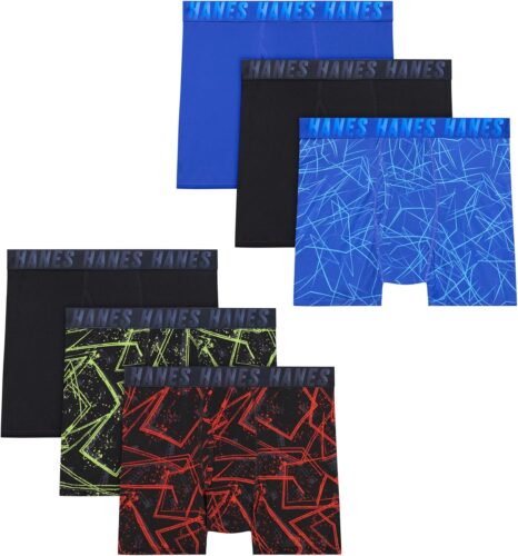 Hanes Moves Breathable Underwear, Performance Stretch Boxer Briefs for Boys, Moisture-Wicking, 6-pk