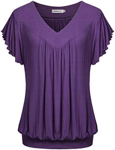 Helloacc Womens V Neck Short Ruffled Cap Sleeves Banded Hem Bottom T Shirts Loose Tops with Shirred