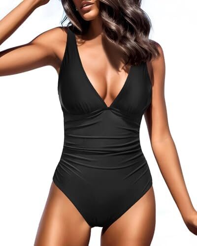 Holipick Women One Piece Swimsuits Tummy Control V Neck Slimming Bathing Suit Sexy Criss Cross Back Ruched Swimwear