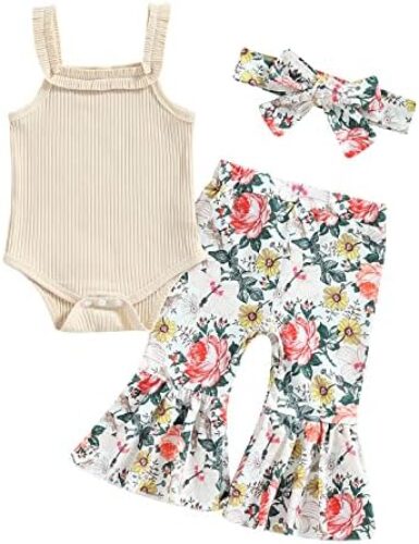 Infant Toddler Baby Girl Summer Outfit Letter Short Sleeve T-Shirt Tops and Flared Pants Headband Western Clothes 3Pcs Set