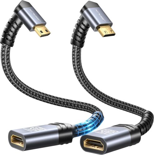 JSAUX Right Angle Mini HDMI to HDMI Adapter 2Pack, Mini HDMI Male to HDMI Female Cable with 4K 60Hz HDR 3D 18Gbps Dolby, Compatible for DSLR,Camcorder,Graphics Card,Raspberry Pi Zero W,Laptop,Tablet