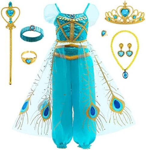 Jasmine Costume Dress for Girls Kids Princess Arabian Dress Up Clothes with Accessories Birthday Gift Girl Role Play Outfit