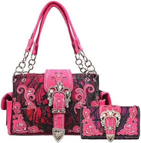 Justin West Camouflage Tree Branches Bling Rhinestone Cross Wings Buckle Crossbody Chain Messenger and Purse