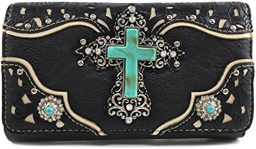 Justin West Tooled Leather Laser Cut Turquoise Rhinestone Cross Concho Studded Messenger Handbag with CrossBody Strap