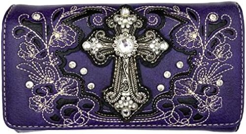 Justin West Western Floral Wing Embroidery Laser Cut Rhinestone Silver Cross Studded Shoulder Tote Handbag Purse Wallet