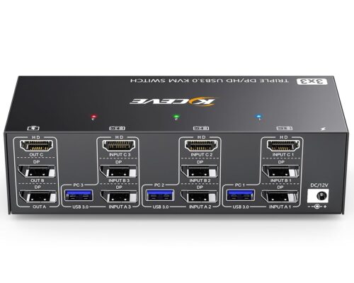 KVM Switch 3 Monitors 3 Computers 8K@60Hz 4K@144Hz, Camgeet HDMI+2 Displayport KVM Switch Triple Monitor for 3 Computer Share 3 Monitor and 4 USB3.0 Devices,Wired Remote and 12V power adapter Included