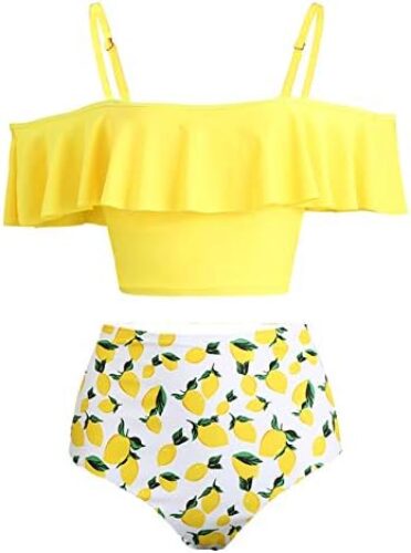 Kaei&Shi High Waisted Flounce Bikini Set,Tummy Control Swimsuits for Women,Off Shoulder