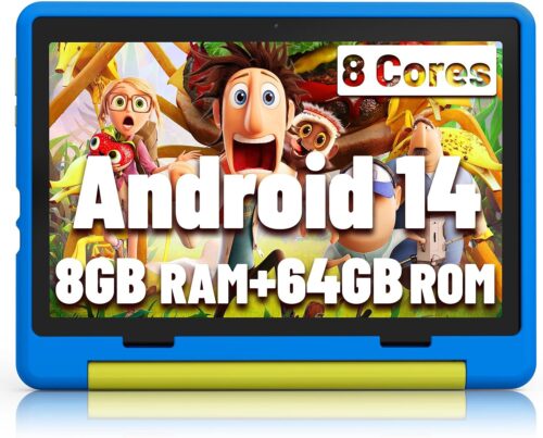 Kids Tablet｜Upgraded Android 14 Tablet 10 inch for Kids with Protective Case｜Octa-Core｜64GB｜1TB TF Card Expandable｜Dual Camera｜Parental Control｜Pre-intalled KIDOZ｜Great Gift for Toddler(Blue)