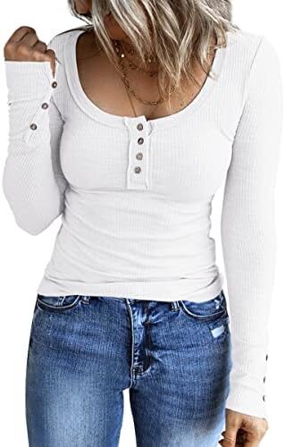 Kissfix Women’s Long Sleeve Shirts Casual Fall Henley Top Button Down Blouses Basic Ribbed Knit T Shirts 2024