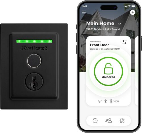 Kwikset Halo Touch Fingerprint Wi-Fi Smart Lock, Keyless Entry Door Low Profile Deadbolt, Geofence Auto-Unlock, Grade AAA Certified, No Hub Easy Install, Matte Black Lifetime Finish Warranty, Square