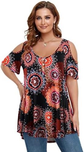 LARACE Cold Shoulder Tops for Women Plus Size V Neck T Shirts Short Sleeve Summer Clothes Button Up Tunic