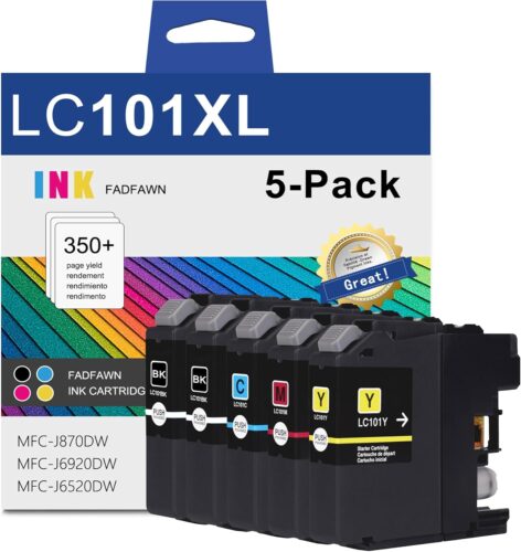 LC101XL Ink Cartridges (Black,Cyan,Magenta,Yellow, 5-Pack) Compatible LC101XL Ink Replacement for Brother LC101 LC103 XL Ink Cartridge Work for MFC-J870DW MFC-J6920DW MFC-J6520DW MFC-J450DW Printer