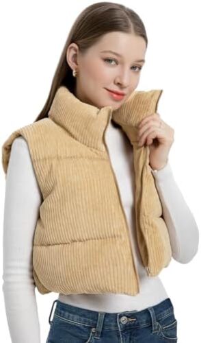 LINKFU Cropped Puffer Vest Women with Pockets Short Corduroy Vest Sleeveless Stand Collar Padded Puffy Outerwear