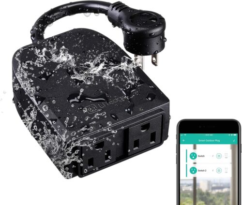 LITEdge Outdoor Smart Plug, WiFi 2-in-1 Plug Power Outlet, Compatible with Google Home & Alexa, APP Cordless Remote Control Smart Outlet Socket, Remote Control, Timer, Waterproof