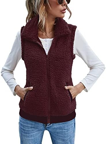 LOMON Womens Fuzzy Fleece Vest, Casual Warm Sleeveless Zip Up Sherpa Vest Jacket with Pockets for Fall/Winter