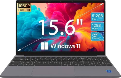 Laptop Computer 15.6” HD Display, Intel UHD Graphics, Intel Celeron N5095 4-Core Processor, 12GB RAM, 512GB SSD up to Expandable 1TB, WiFi, 180°Open Angle, Windows 11 Laptop, Gray
