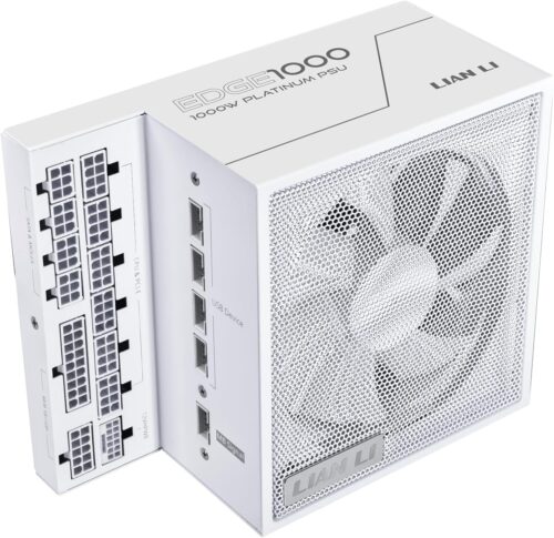 Lian Li Edge Series-1000W Full Modular Power Supply-80 Plus Platinum-ATX 3.0, 3.1-PCIE 5.1-L-Shape Design for Dual Chamber Case-120mm FDB Fan-Supports up to 4X USB Devices-White (EG1000WE.US)