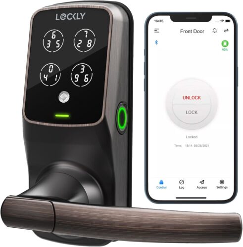 Lockly Secure Plus Bluetooth Smart Door Lock, Keyless Entry with PIN Genie® Digital Keypad, 3D Biometric Fingerprint Sensor Front Door Lock with Handle, Voice Control & Auto Lock – Latch Edition