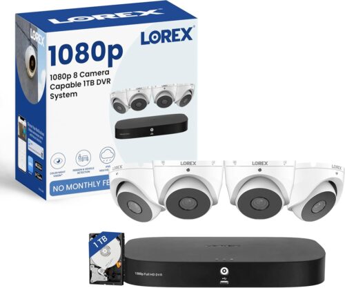 Lorex 1080p 8 Camera Capable 1TB Wired DVR System | 4 White Metal Housing Dome Cameras | 65ft Night Vision | Smart Motion Detection | IP67 Weatheproof