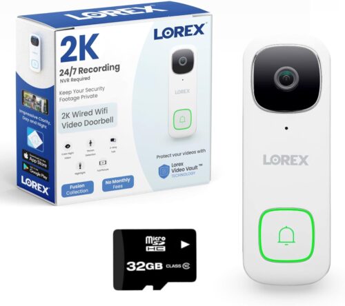 Lorex 2K Wired WiFi Smart Video Doorbell Camera w/No Subscription Fee – Smart Security Lighting, Night Vision, Motion Detection, Requires Existing Wiring (White)