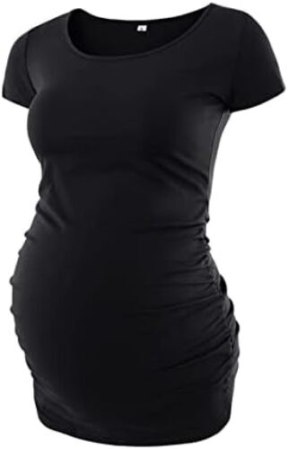 Love2Mi Womens Mama Maternity Tunic Tops Side Ruched T-Shirt Short Sleeve Fitted Pregnancy Clothes