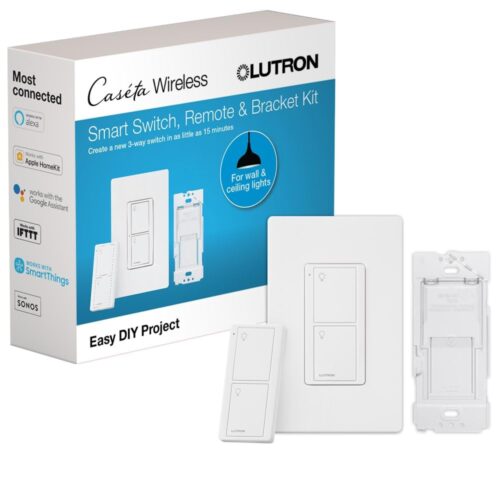 Lutron Caseta Original Smart Switch 3-Way Kit, w/ Pico Remote, Wallplate, and Wall Bracket, for LED Lights and Fans, 5 Amp, Neutral Required, P-PKG1WS-WH