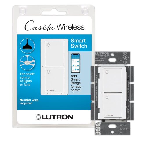 Lutron Caseta Original Smart Switch (Lutron Smart Hub Required), for LED Lights and Fans, 6 Amp, Single-Pole/3-Way, Neutral Required, PD-6ANS-WH, White