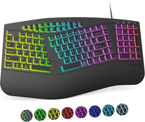 MEETION Ergonomic Wired Keyboard, 7 Colors RGB Backlit Keyboard, 4 Adjustable Brightness & 2 Modes Light up, Comfortable Natural Ergo Split USB Keyboard for Windows Mac Computer Desktop Laptop, Black