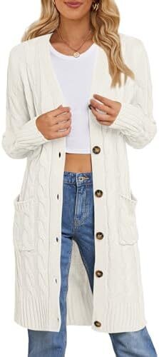 MEROKEETY Women’s 2024 Long Sleeve Cable Knit Long Cardigan Open Front Button Sweater Outerwear