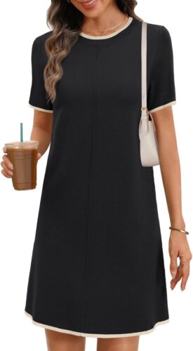 MEROKEETY Women’s 2025 Summer Short Sleeve Mini Dress Casual Crewneck Color Block Knit Dresses