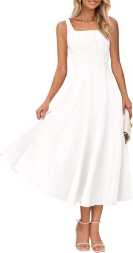 MEROKEETY Women’s 2025 Summer Sleeveless Midi Dress Square Neck Smocked Flowy A Line Beach Dresses