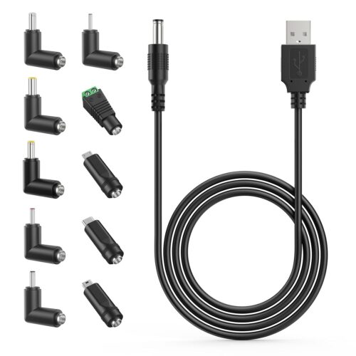 MEROM USB to DC 5V Universal Power Cable, DC 5.5×2.1mm Barrel Plug Charging Cord with 10 Connector Tips(5.5×2.5,4.8×1.7,4.0x1.7,3.5×1.35,3.0x1.1,2.5×0.7,Micro,Type-C,Mini,LED Port) Travel Essentials