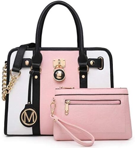 MKP Women Satchel Handbags Purses Two tone Top Handle Tote Shoulder Bags with Matching Wristlet Wallet Set 2pcs