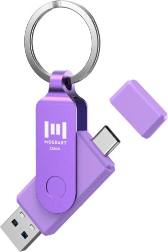 MOSDART 128GB Dual USB C Flash Drive, Speed Up to 150MB/S Type C and A Thumb Drive with Keychain and LED Indicator, exFAT Memory Stick for iPhone 15 and 16, iPad, Android Phone, Tablet, Laptop, Purple