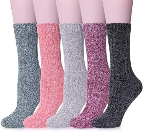 MQELONG Womens 5 Pairs Soft Thick Comfort Casual Cotton Warm Wool Crew Winter Socks