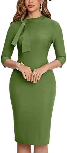MUXXN Women’s Midi Pencil 1950s Vintage Cocktail 3/4 Sleeve Tie Neck Bodycon Mid-Calf Dress with Pockets