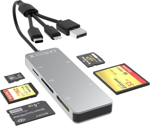 Memory Stick Pro Duo Adapter for iPhone/USB C/PC – Aluminum 5 in 1 SD/TF/CF/MS/XD Picture Card Reader, Multi Memory Card Reader USB C Lightning OTG Adapter Memory Stick pro Duo Reader for iPhone