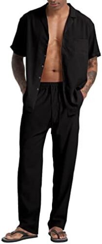 Men’s Beach Clothes 2 Piece Outfits Sets Casual Short Sleeve Button Down Shirt Yoga Pants Vacation Suit Summer linen