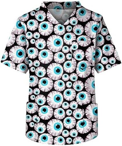 Men’s Scrub Tops Short Sleeve V Neck Vintage Print Workwear Nurse Uniform Carer Scrub Tops with 3 Pockets