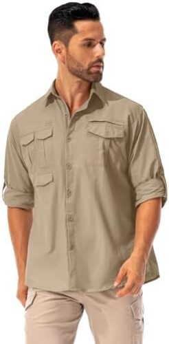 Men’s Sun Protection Hiking Fishing Safari Shirt Long Sleeve Outdoor Cool Quick Dry Cargo Shirts
