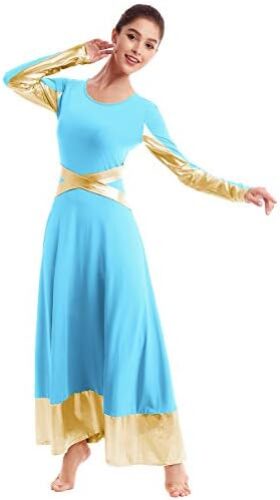 Metallic Gold Color Block Praise Liturgical Lyrical Dancewear for Womens Cross Dance Loose Full Dress Long Sleeve Costume