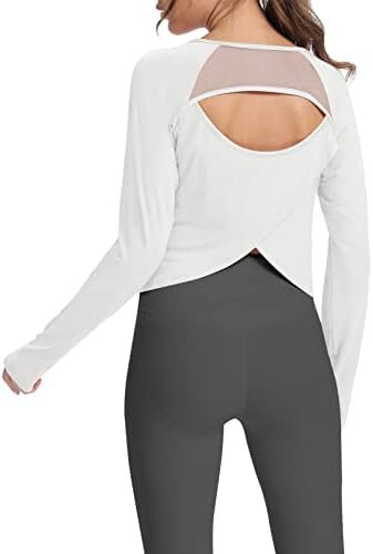 Mippo Cropped Long Sleeve Workout Tops Open Back Athletic Gym Yoga Shirts with Thumb Hole