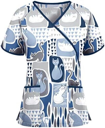 NBXNZWF Womens Cute Scrub Tops Cartoon Animal Patterned Uniforms Under Stretch Nursing Female Dog Cat Print Workwear