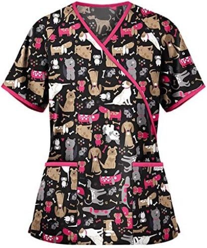 NBXNZWF Womens Under Scrub Tops Animal Printed Scrubs Stretch Dog Cat Pattern Uniforms Cute Pattern Nursing Workwear
