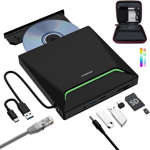 New External CD DVD Drive, Cool DVD Burner USB 3.0 with Ethernet Adapter, 3 USB and 2 TF/SD Card Ports, CD DVD Player Reader Writer Optical Disc Drive for Laptop PC Windows Mac with Carrying Case