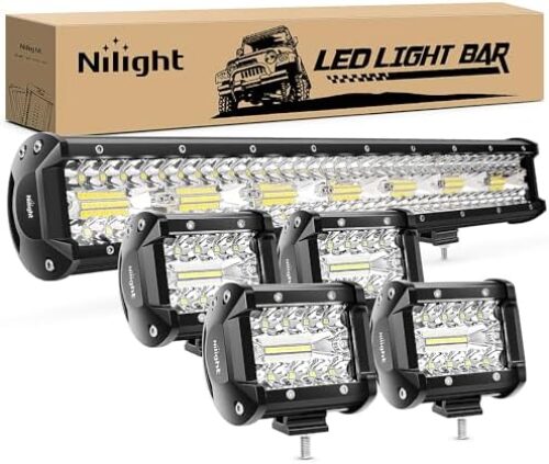 Nilight 20 Inch 420W Triple Row Flood Spot Combo Led Light Bar 4PCS 4Inch 60W LED Pods Driving Boat Lights Led Off Road Trucks Lights , 2 Years Warranty (ZH415), Black
