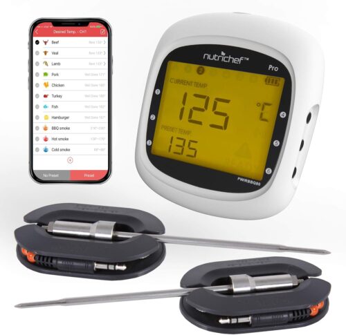 NutriChef Wireless Bluetooth BBQ Digital Thermometer – Upgraded Stainless Smart Dual Grill Probes w/ Remote Alert, Safe to Use in Outdoor Barbecue Meat Smoker, Works w/ iOS Android Phone – NutriChef