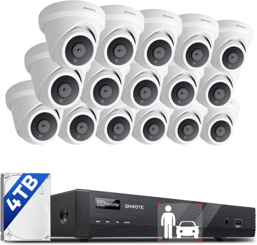 ONWOTE 16 Channel 4K PoE Security Camera System, 12MP 16CH Commercial NVR 4TB, 16x 8MP 134° Outdoor IP Cameras with Audio, AI Detect Human Vehicle, 16x Cables (Total 1280ft), Wired CCTV for Business