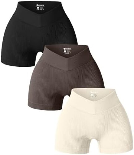 OQQ Women 3 Piece Yoga Shorts Ribbed V Shaped High Waist Workout Exercise Shorts Leggings